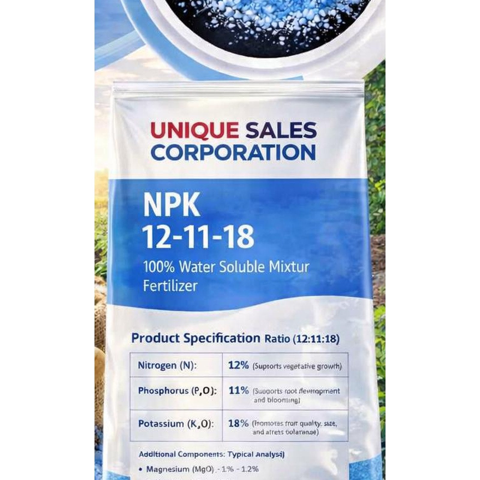 Unique Sale Corporation NPK 12-11-18 water soluble fertilizer bag